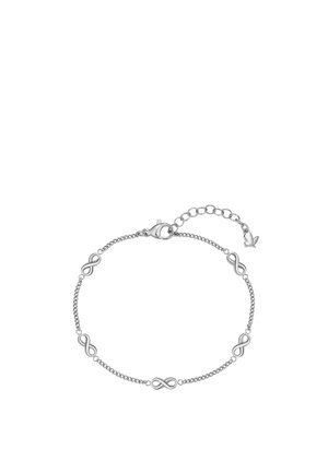Pulsera de cadena de plata con cinco pequeños símbolos de infinito distribuidos uniformemente y un cierre de langosta con una cadena extensible ajustable.
