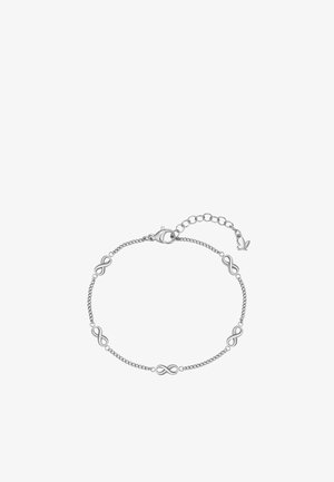 Silbernes Kettenarmband mit fünf kleinen Unendlichkeitszeichen gleichmäßig verteilt und einem Karabinerverschluss mit verstellbarer Verlängerungskette.