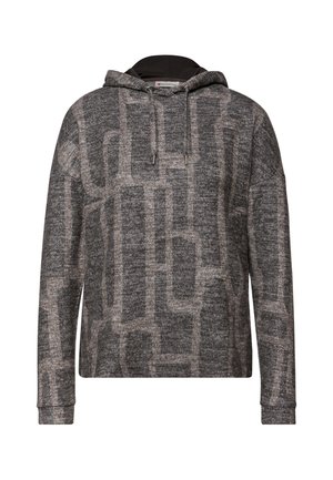 Sweat à capuche gris foncé avec un motif géométrique gris clair. Dispose d'une capuche avec cordon de serrage et de poignets côtelés. Confectionné dans un tissu doux.