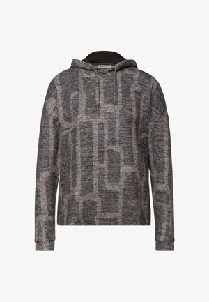 Sweat à capuche gris foncé avec un motif géométrique gris clair. Dispose d'une capuche avec cordon de serrage et de poignets côtelés. Confectionné dans un tissu doux.