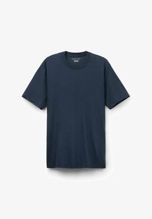 Navyblauw T-shirt met korte mouwen van premium katoen, met een ronde halslijn en een gladde, zachte textuur. Eenvoudig ontwerp zonder patronen.