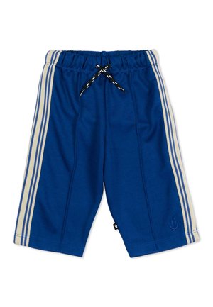 Pantalones cortos azules hasta la rodilla con franjas laterales color crema, cintura ajustable con cordón negro y un pequeño logotipo de carita sonriente cerca del bajo izquierdo.