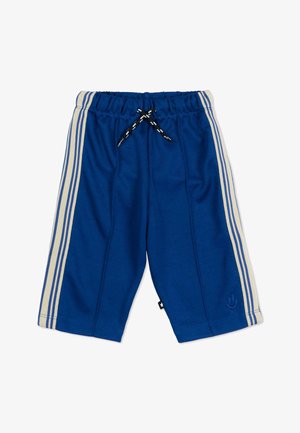 Blauwe knielange korte broek met crèmekleurige zijstrepen, zwarte trekkoord in de taille en een klein smiley-logo bij de linker zoom.