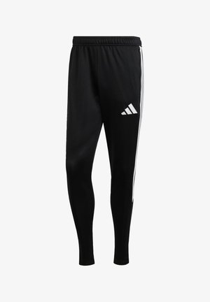 Pantaloni sportivi neri con design affusolato, vita elasticizzata e strisce laterali bianche. Presentano un logo bianco sulla coscia sinistra.