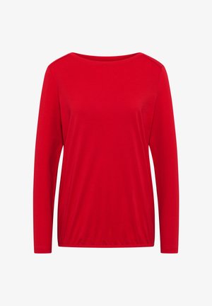 Červený dlouhý rukáv top vyrobený z měkké tkaniny, s kulatým výstřihem a nařaseným lemem pro uvolněný střih.