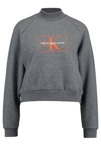 Felpa grigia corta con colletto alto, caratterizzata da un logo frontale in testo arancione e bianco all'interno di un contorno rettangolare.