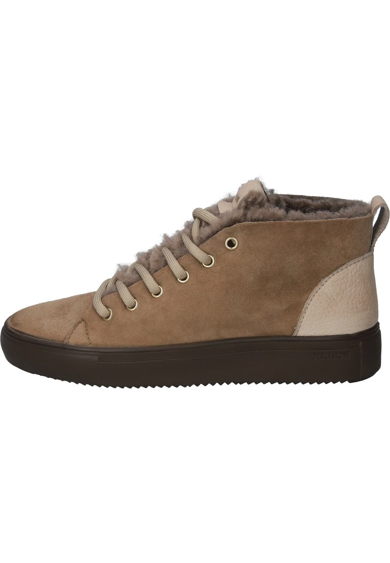 Beige suede high-top sneakers with a soft fur lining, round toe, and brown rubber sole. Features metal eyelets and flat laces.