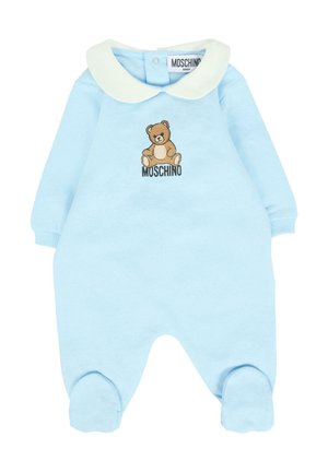 Helles blaues Baby-Overall mit weißem Peter-Pan-Kragen, einem Teddybär-Graphic und dem Text "MOSCHINO" auf der Brust.