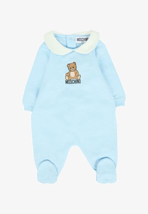 Grenouillère pour bébé bleu clair avec un col Peter Pan blanc, un motif d'ours en peluche et le texte "MOSCHINO" sur la poitrine.