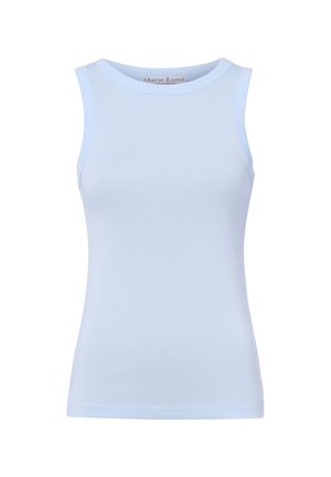 Jasnoniebieski dopasowany top bez rękawów z okrągłym dekoltem, gładki wzór i mała metka wewnątrz kołnierza.