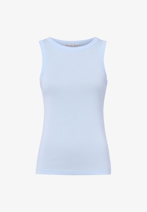Jasnoniebieski dopasowany top bez rękawów z okrągłym dekoltem, gładki wzór i mała metka wewnątrz kołnierza.