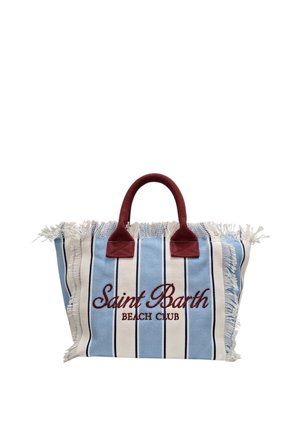 Borsa a tracolla a righe blu e bianche con bordi sfrangiati, manici color bordeaux e "Saint Barth Beach Club" ricamato sul davanti.