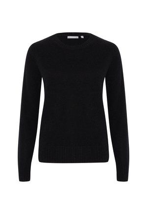 Maglione lavorato a maglia nero con maniche lunghe e scollo rotondo. Presenta un orlo e polsini a costine, una texture liscia e un design semplice senza rifiniture.
