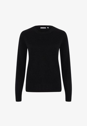 Black knit sweater with long sleeves and a round neckline. Features ribbed hem and cuffs, smooth texture, and simple design without embellishments.