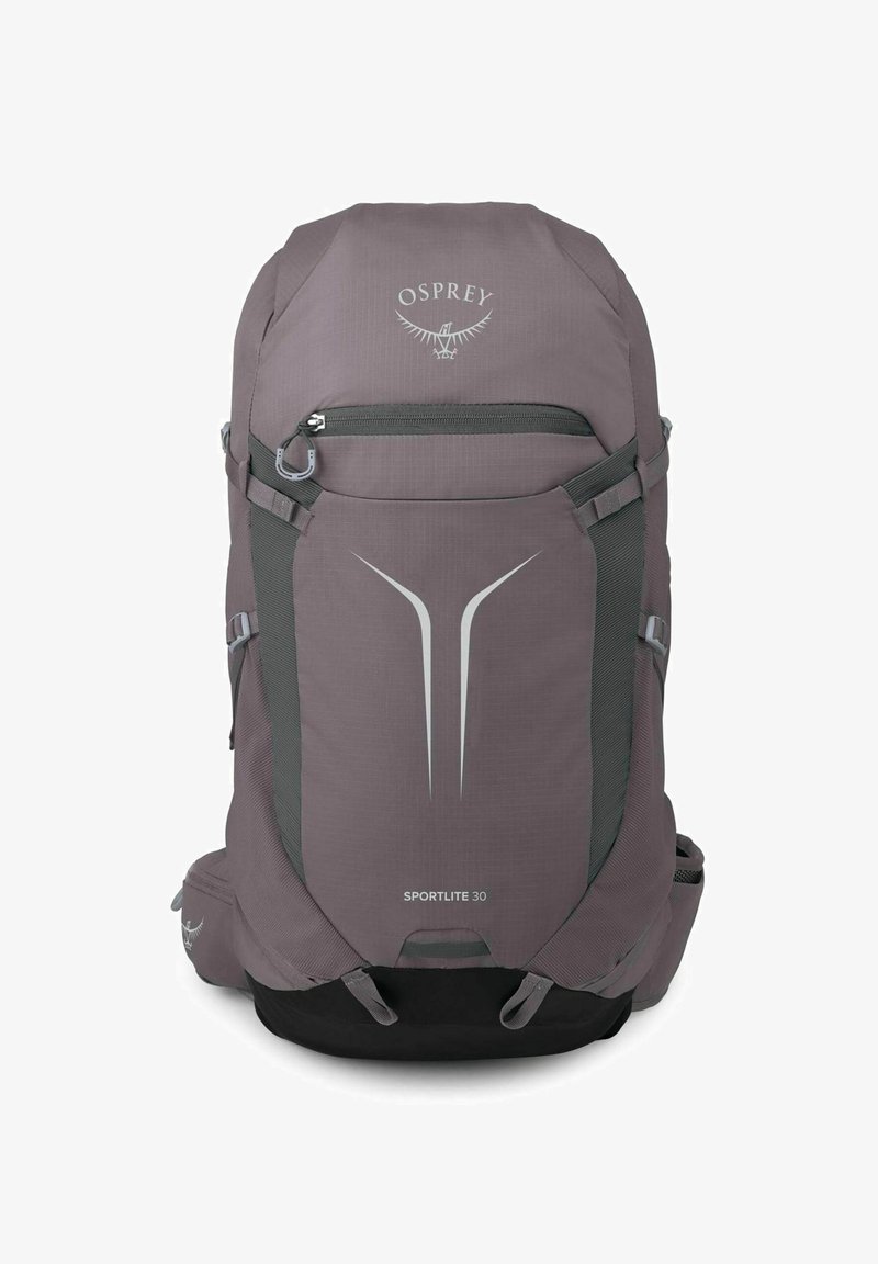 Sac à dos de randonnée violet Osprey Sportlite 30 avec poche avant zippée, sangles de compression et logo réfléchissant ainsi qu’un design sur le panneau avant.