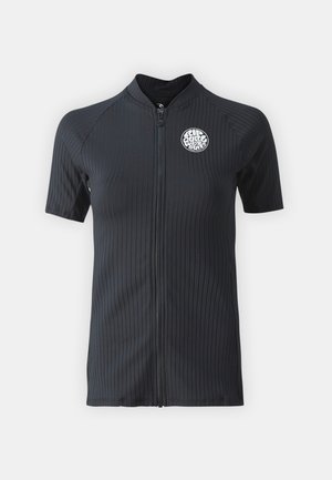 Short-sleeve, black wetsuit with a ribbed texture, front zipper, and a circular logo on the left chest area.