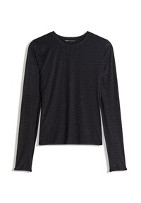 Čierne tričko s dlhým rukávom z elastickej tkaniny s malými reflexnými bodkami po celej ploche. Okrúhly výstrih a priliehavý strih, hladká textúra.