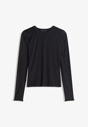 Čierne tričko s dlhým rukávom z elastickej tkaniny s malými reflexnými bodkami po celej ploche. Okrúhly výstrih a priliehavý strih, hladká textúra.