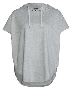 Sudadera de manga corta gris claro hecha de tejido de sudadera, con capucha ajustable y dobladillo ligeramente curvado para un ajuste relajado.