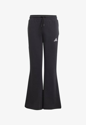 Zwarte Adidas joggingbroek met wijde pijpen, elastische tailleband, trekkoord en wit logo op de linker dij.