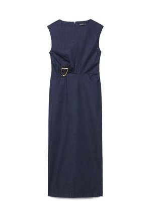 Robe midi sans manches bleu marine avec encolure ronde et détail taille froncé avec une boucle triangulaire dorée sur le côté gauche.
