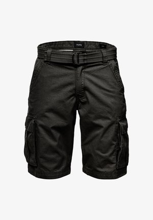 Schwarze Cargo-Shorts aus strapazierfähigem Material, mit Seitentaschen und einem gewebten Gürtel. Das Design umfasst gestickte Details und einen geraden Schnitt.