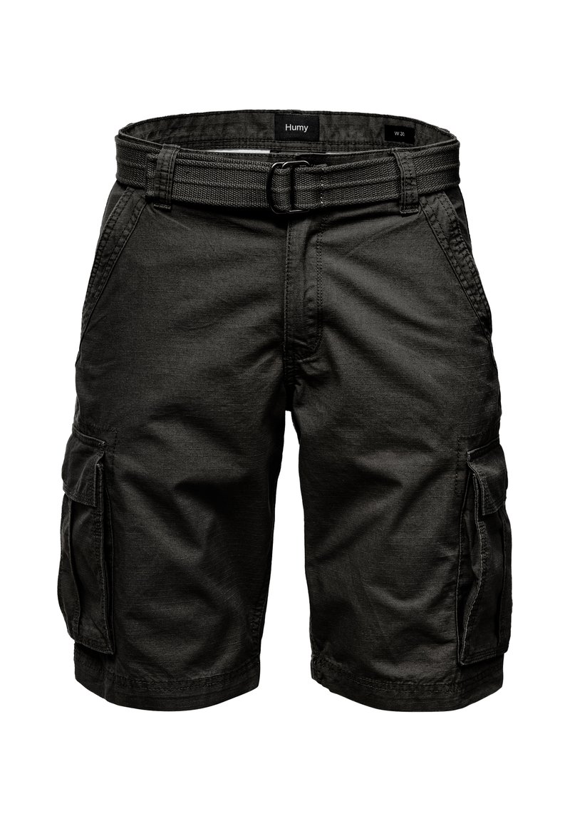 Black cargo shorts made from durable fabric, featuring side pockets and a woven belt. The design includes stitched detailing and a straight cut.