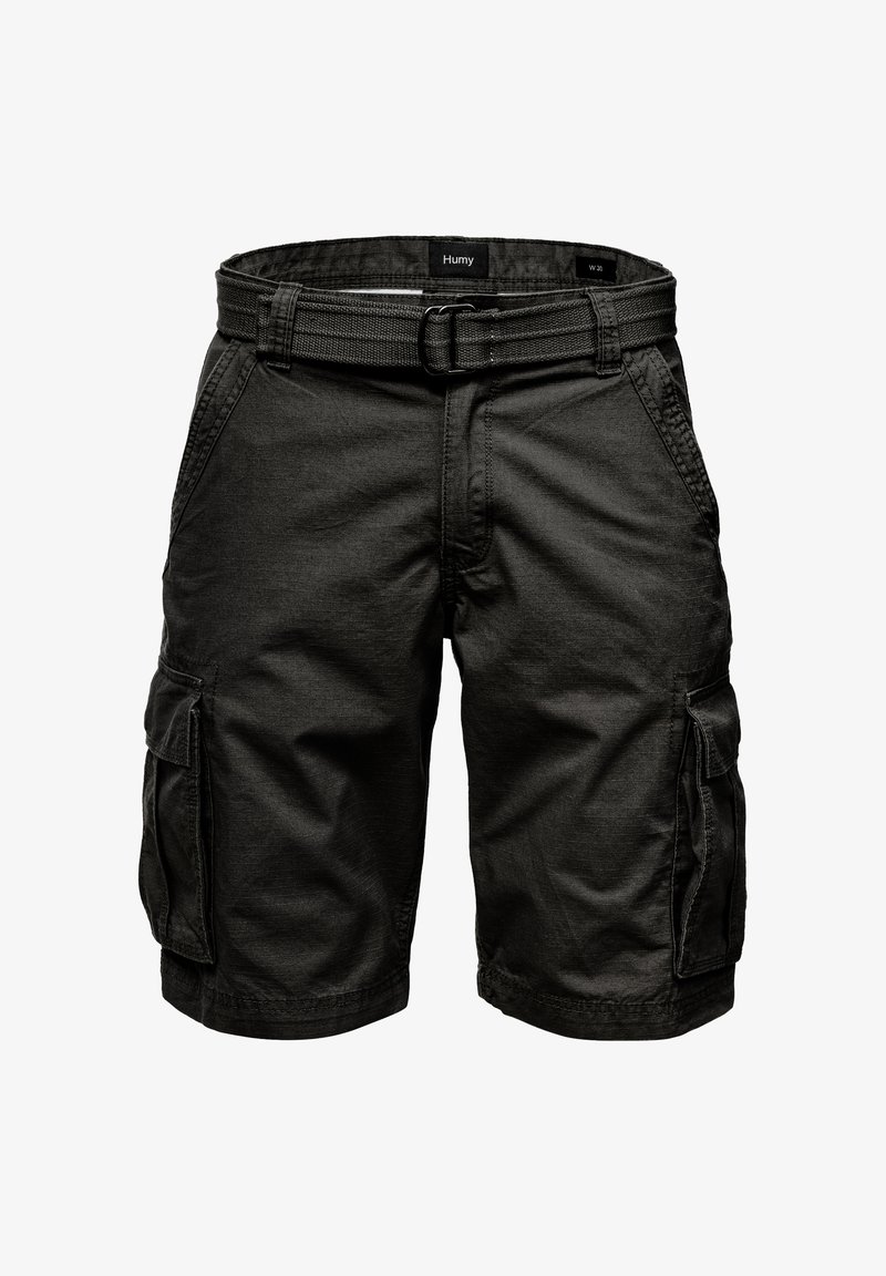 Black cargo shorts made from durable fabric, featuring side pockets and a woven belt. The design includes stitched detailing and a straight cut.