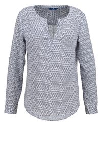 Camicia a maniche lunghe in tessuto blu e bianco con motivo, caratterizzata da un collo a V e un orlo curvo, con una texture leggera e liscia.