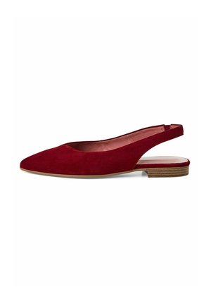 Red suede slingback flats with pointed toe, low wooden heel, and a smooth inner lining, featuring an open back for easy wear.