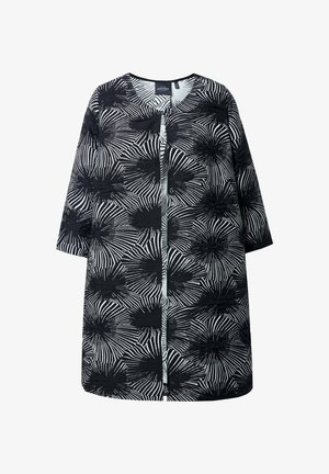 Mustavalkoinen pitkähihaista avointa takkia, jossa on abstrakteja säteittäisiä viivakuosisia ja pyöreä kaula-auko.