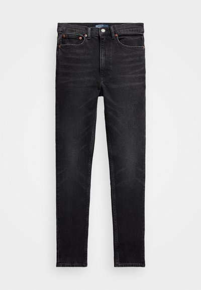 Zwarte denim jeans met een slim fit. Voorzien van vijf zakken, een ritssluiting en contrasterende stiksels. De stof heeft een gladde textuur.