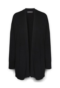 Černý cardigan s otevřeným předním dílem, dlouhými rukávy a volným střihem. Vyrobeno z měkké tkaniny, s texturovaným povrchem bez viditelných zapínání.