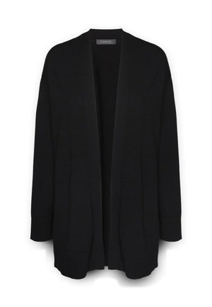 Cardigan nero con apertura frontale, maniche lunghe e vestibilità morbida. Realizzato in un tessuto morbido, presenta una superficie testurizzata senza chiusure visibili.