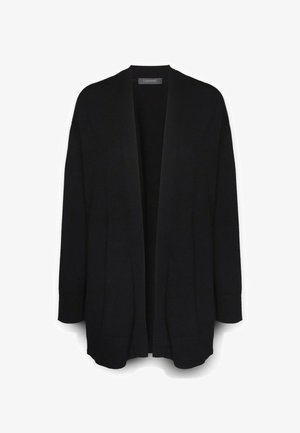 Schwarzer Cardigan mit offenem Vorderteil, langen Ärmeln und lockerer Passform. Hergestellt aus weichem Stoff, mit strukturierter Oberfläche ohne sichtbare Verschlüsse.