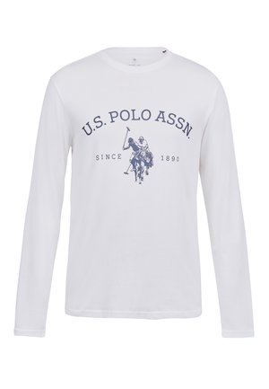 Tricou alb cu maneci lungi din bumbac, cu un grafic bleu închis cu jucători de polo și textul "U.S. Polo Assn. Since 1890" afişat proeminent.
