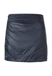 Marineblauer gepolsterter Rock mit geradem Schnitt, der ein Zickzack-Steppmuster und einen glatten Bund aufweist. Enthält einen seitlichen Reißverschluss für den Verschluss.