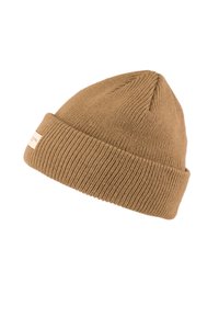 Brązowa dziana czapka beanie o prążkowanej teksturze i podwiniętym mankiecie. Posiada małą, jasną metkę z tkaniny z boku.