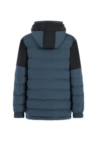 Blauer Puffermantel mit Kapuze, der schwarze Akzente an den Schultern und Ärmeln aufweist. Das Design umfasst gesteppten Abschnitte und elastische Bündchen.