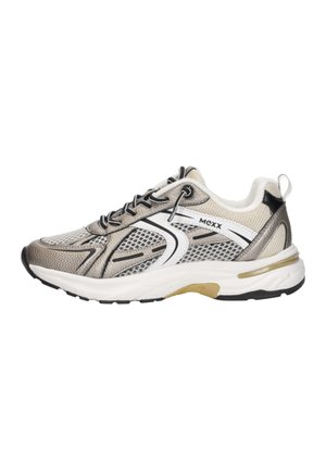 Heren sportieve sneaker in beige en grijs mesh met witte accenten, zwarte veters, gevoerde kraag en witte rubberen zool met gouden detail.