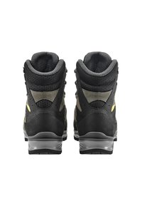 Schwarze und graue Wanderschuhe mit hohem Knöchel, Obermaterial aus Mesh und Synthetik, strukturiertem Oberflächen und gelben Akzenten an beiden Seiten.