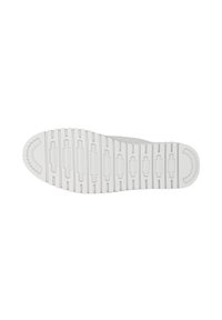 Witte sneakersole met textuurpatronen, featuring horizontale en verticale groeven voor grip en een afgeronde neus.