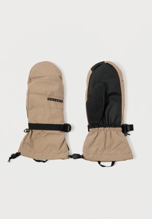 Ein Paar beige Winterhandschuhe mit schwarzen Lederpalmen, verstellbaren Riemen, elastischen Handgelenken und Clipverbindern auf einem weißen Hintergrund.