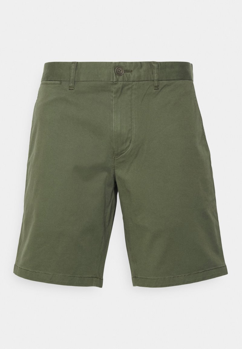 Shorts vert olive longueur genou avec passants de ceinture, fermeture par bouton et poches avant, présentés à plat sur un fond clair.