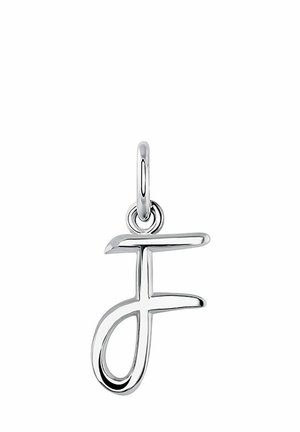 Charm de plata con una letra "f" estilizada. El diseño es suave, con una textura pulida y un robusto lazo de metal para su sujeción.