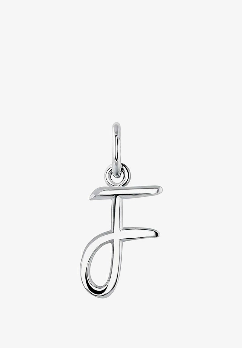 Charm de plata con una letra "f" estilizada. El diseño es suave, con una textura pulida y un robusto lazo de metal para su sujeción.