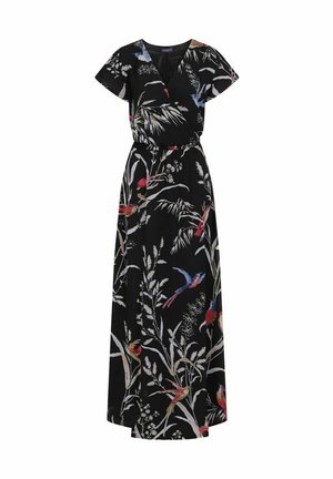 Must must maxi kleit lühikeste varrukatega, ümberpööratud ülakeha ja mitmevärvilise linnu ning taimestiku mustriga üle kogu kleidi.