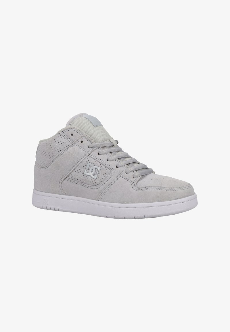 Gray suede high-top sneakers with perforated side panels, flat gray laces, and a white rubber sole. Features a small logo on the side.