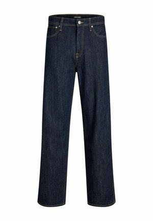Jeans de mezclilla azul oscuro con un corte de pierna recta, cosidos con hilo dorado en contraste, que cuentan con cinco bolsillos y un cierre frontal con botón.