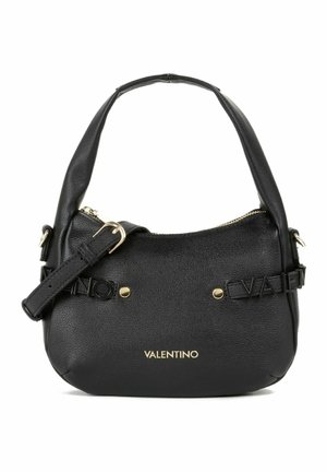 Sac à bandoulière en cuir noir Valentino avec ferrures de couleur or, bandoulière réglable et nom de la marque en relief à l'avant.